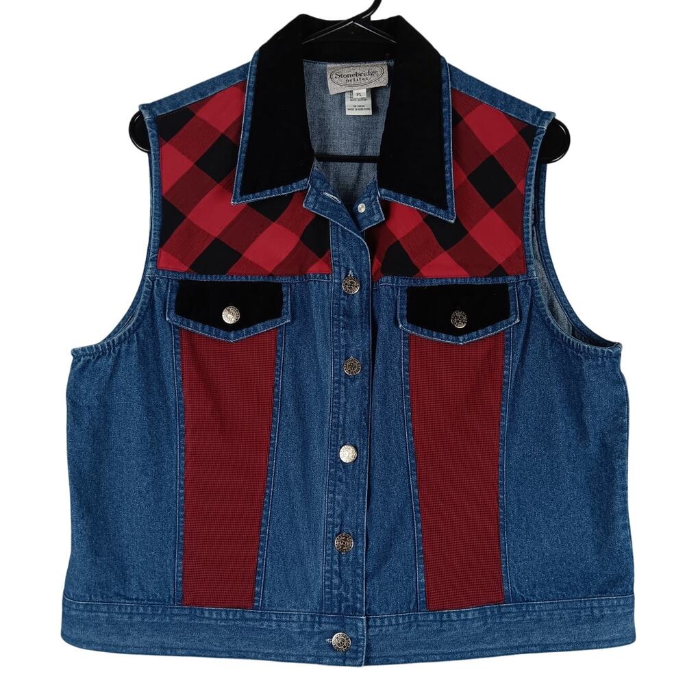 Vintage Stonebridge Petites Denim Vest Womens Large Blue/Red Patched Cottagecore